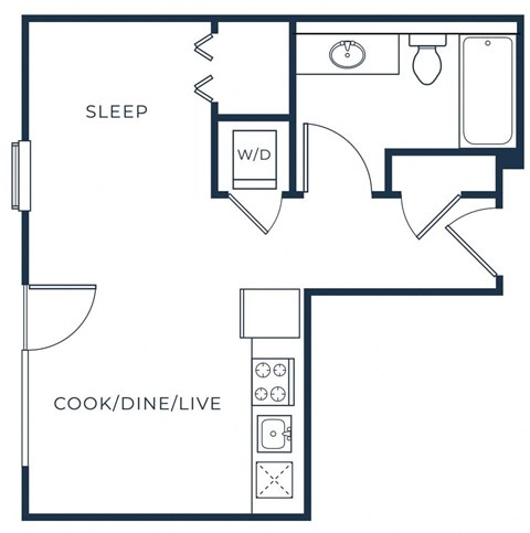 a floor plan of a studio apartment with a bedroom and a living room